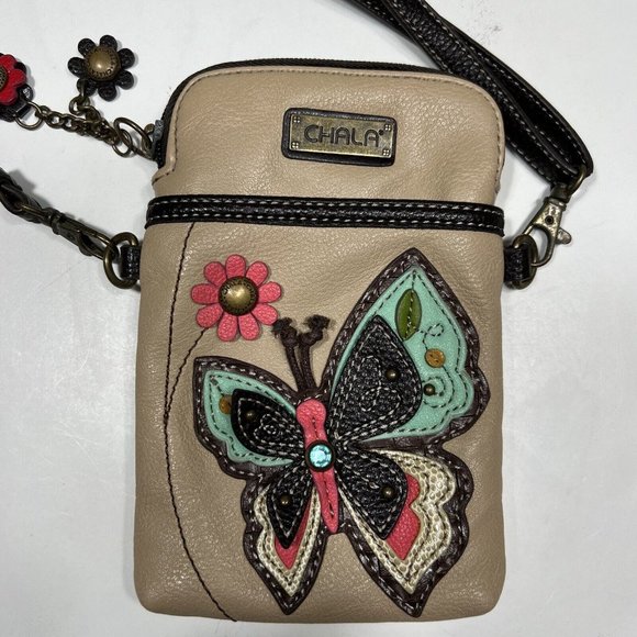 Chala Handbags Cell Phone Crossbody Purse Butterfly And Flowers, Leather Tan - Picture 2 of 6